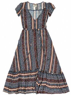 Jaase Australian Boho Paisley Tile Print Button Front Tiered Maxi Dress